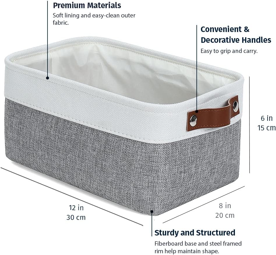 OrganiHaus Small Fabric Storage Bins for Shelves 3 Pack, 12x8in Closet Storage Bins for Shelves, Cloth Baskets for Organizing, Linen Closet Organizers, Fabric Basket, Shelf Organizer Bins Gray/White