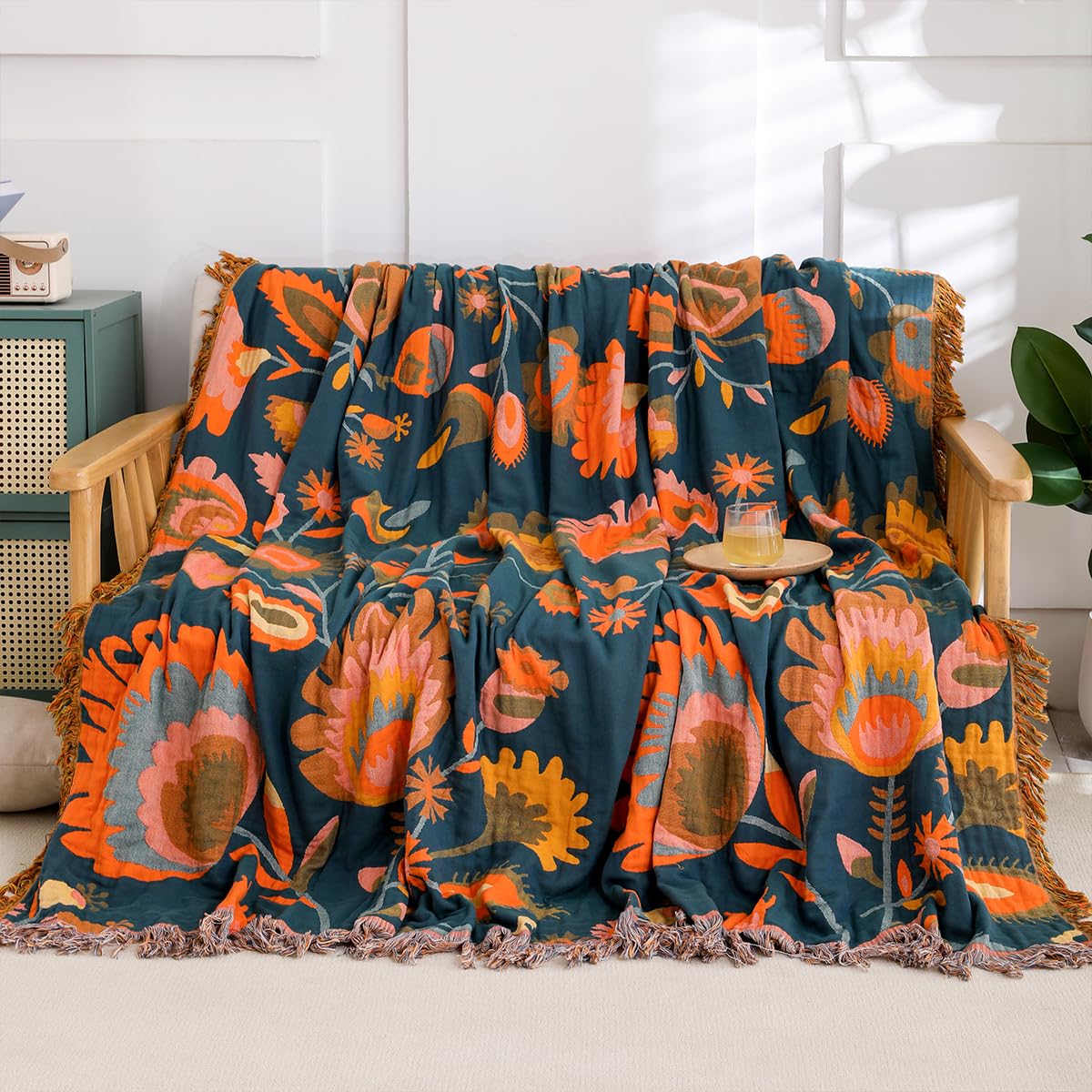 Hopstar Boho Throw Blanket for Bed - 100% Cotton Printed Farmhouse Decor Large Bed Blankets (Floral C, 60"×80")