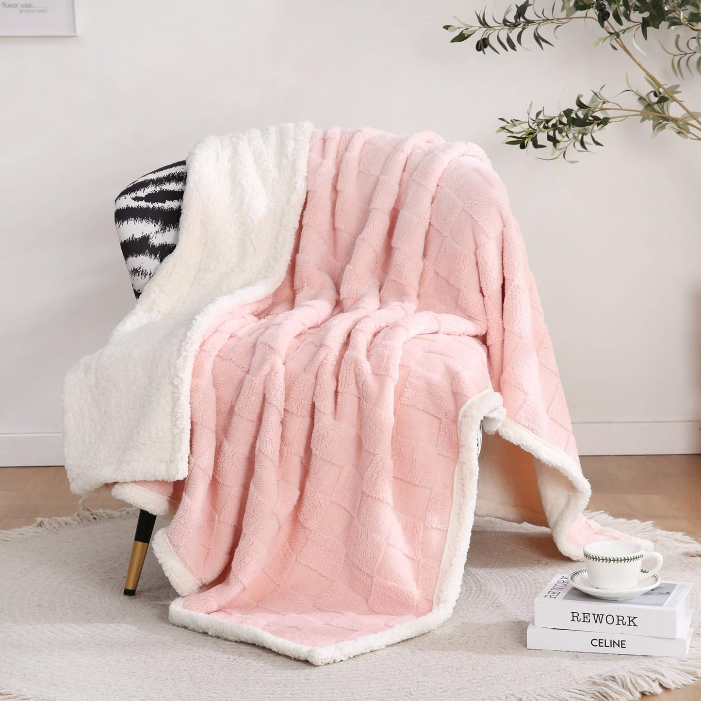 Pink Sherpa Throw Blanket for Couch, Flannel Cozy Soft Blanket for Bed - Fleece, Pink, Home Decor Gifts for Women, 60x80 Inches