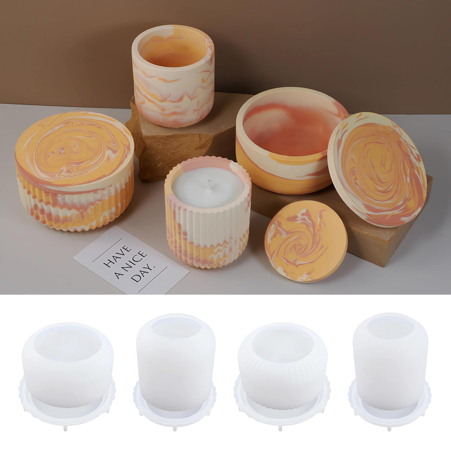 4pcs Cup Shape Candle Jar Silicone Mold with Lid, Handmade Storage Bowl Resin Mould, Flower Pot Vase Concrete, DIY Plaster Cast Cement Rings Jewelry Storage Box Mold