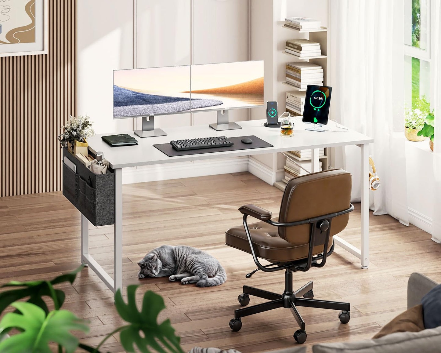 Casaottima Computer Desk, 54 inch Office Desk with Storage Bag, Writing Work Desk with Charging Station Outlets Built-in for Home Office, Study, Large Legroom, Metal Frame, White