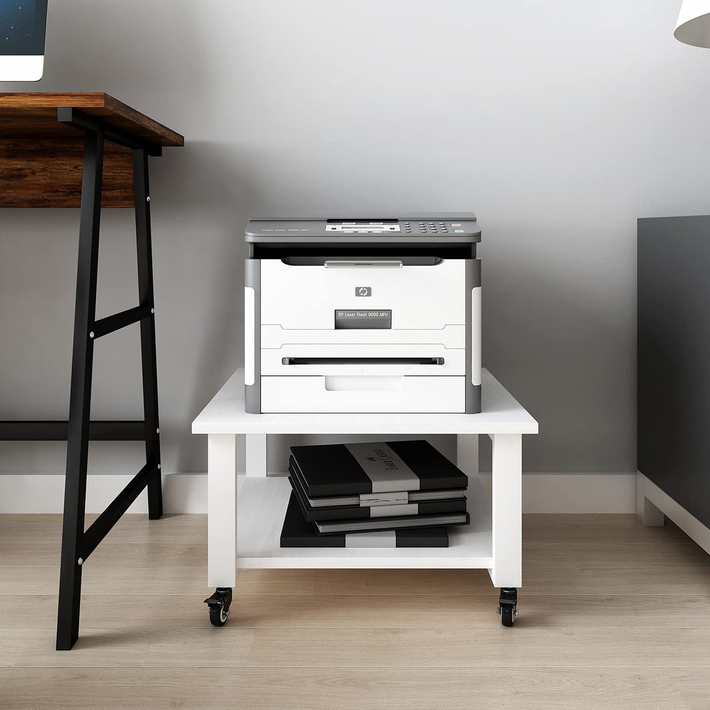 Natwind 2 Tier Laser Printer Stand,19.7''x19.7''x12.6'' Large Printer Table Copier Stand Under Desk,Heavy Duty Rolling Cart with Paper Storage Shelf,Printer Holder on Wheels for Home Office (White)