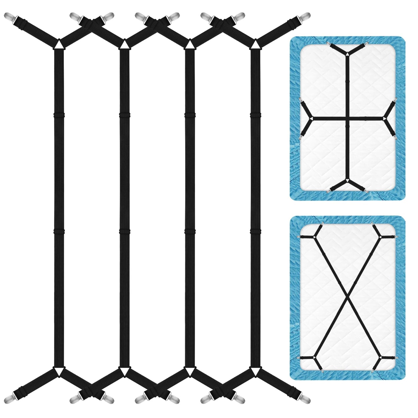 XIZIX Bed Sheet Straps, 4 Pcs Adjustable Bed Sheet Holder Straps, Black Bed Sheet Clips Fasteners Keep Sheets in Place（4 Pcs/Black）