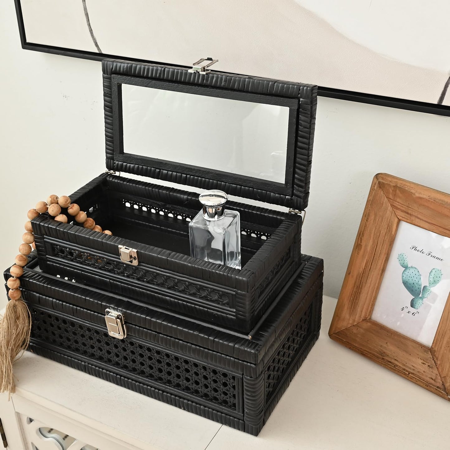 DECOR4SEASON Cane and Rattan Decorative Storage Boxes with Lids - Elegant Set of 2, Stacking Boxes with Glass Top, Handcrafted Rustic Charm for Home Organization (Black, 14.1"x8.2"x5.1")