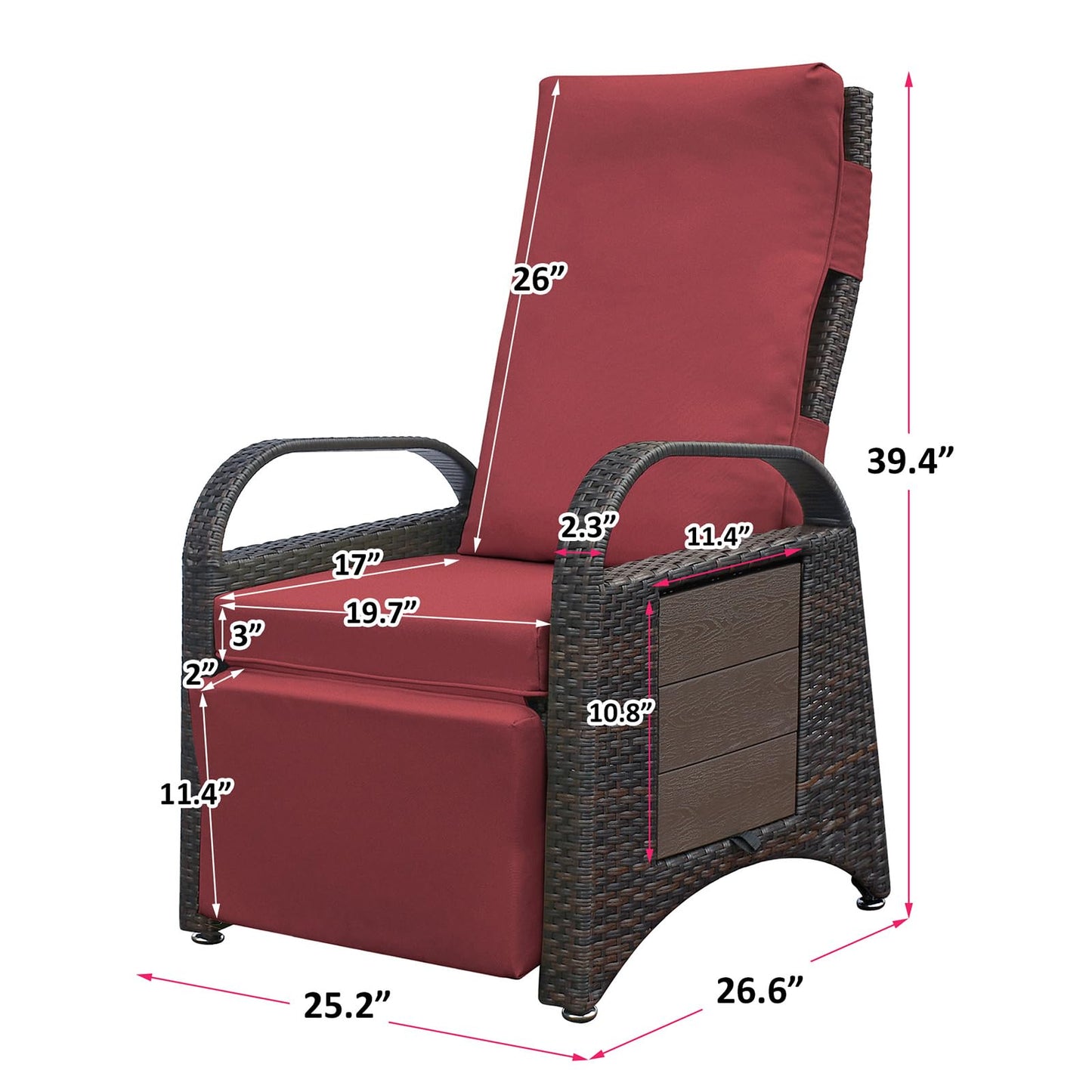 ATR ART TO REAL Outdoor Recliner Chairs, PE Wicker Reclining Lounge Chair with Removable Soft Cushion, Adjustable Outside Recliners for Patio, Porch, Poolside, Balcony, Lawn (Red, 2 PCS)