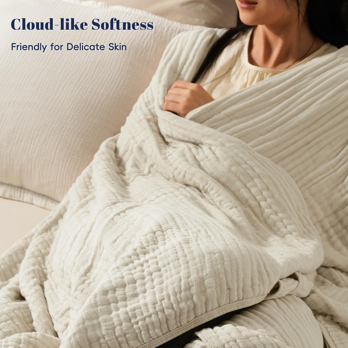 PHF Cooling Muslin Blanket Queen Size 90"x80", 6-Layer Lightweight Gauze Blanket Made from 35% Rayon Derived from Bamboo & 65% Cotton, Breathable & Ultra Soft Cozy, Aesthetic Home Decor, French Oak