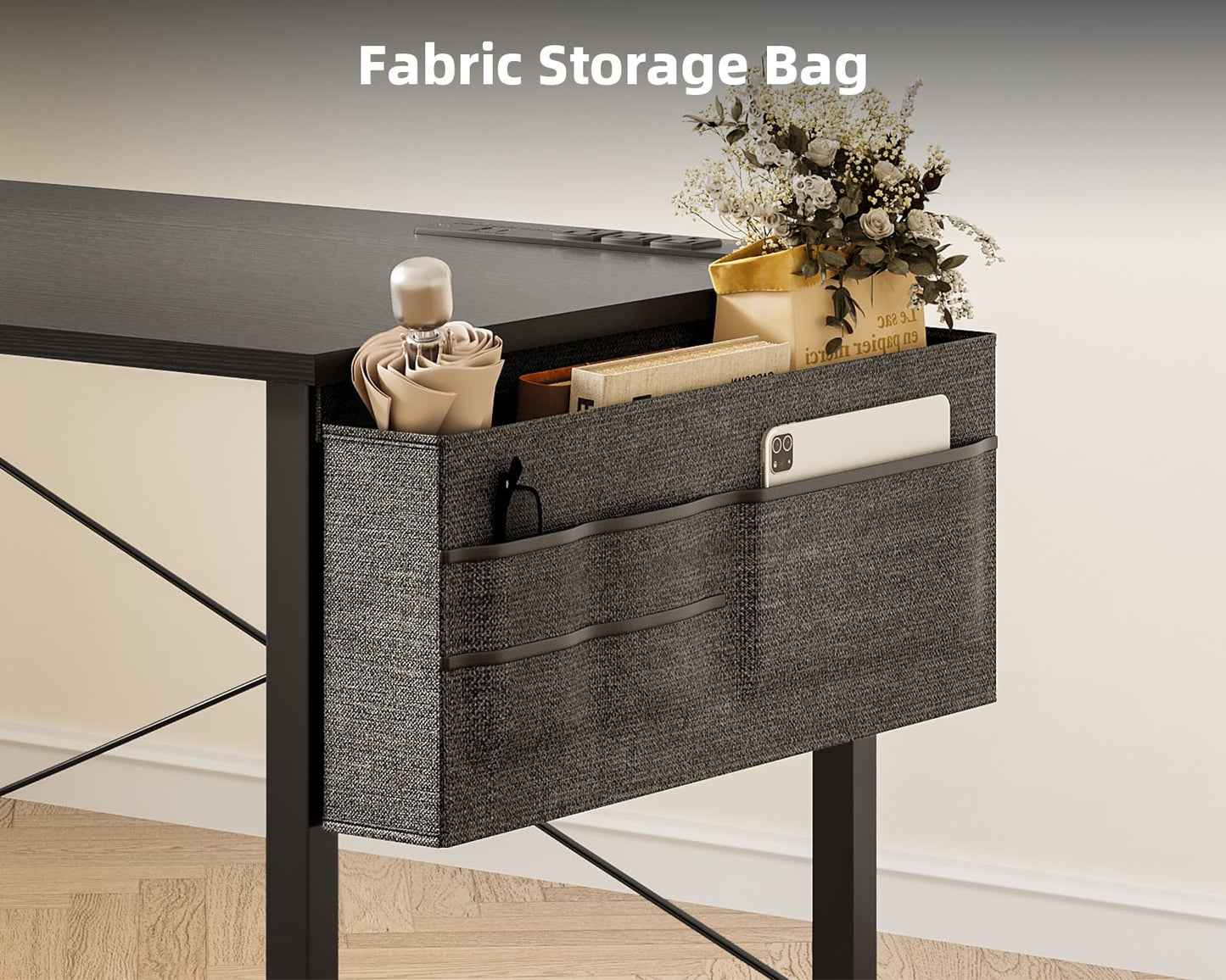 ODK Computer Desk - 48 Inch Office Writing Desk for Home, Student Study Desk with Storage Bag, Headphone Hook & Power Outlets, Modern Simple Table for Bedroom, Black