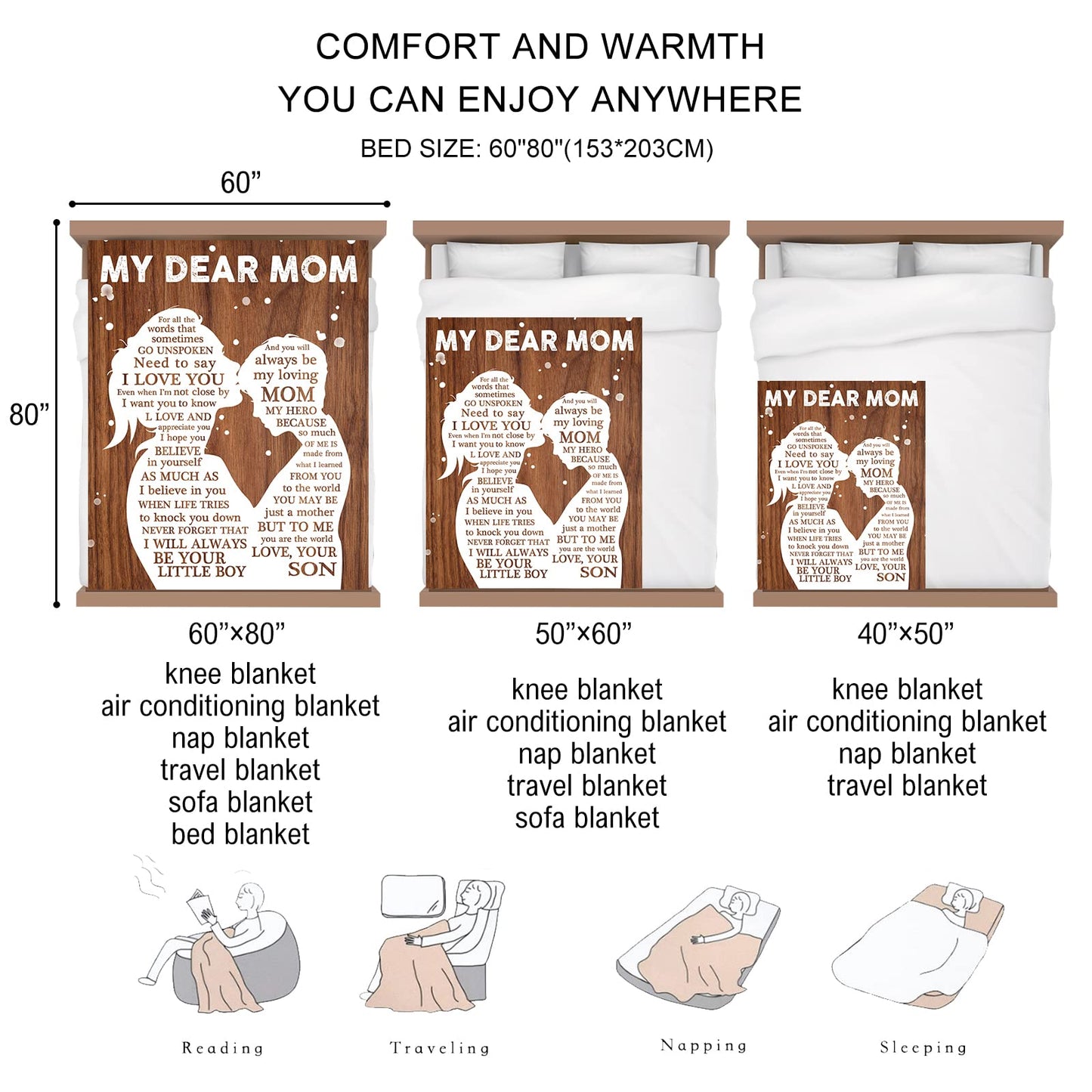 Carryeasy Mothers Day Birthday Gifts for Mom from Son I Love You Gifts for Mothers Gifts from Son for Mother Throw Blanket Wood 50" x 60"