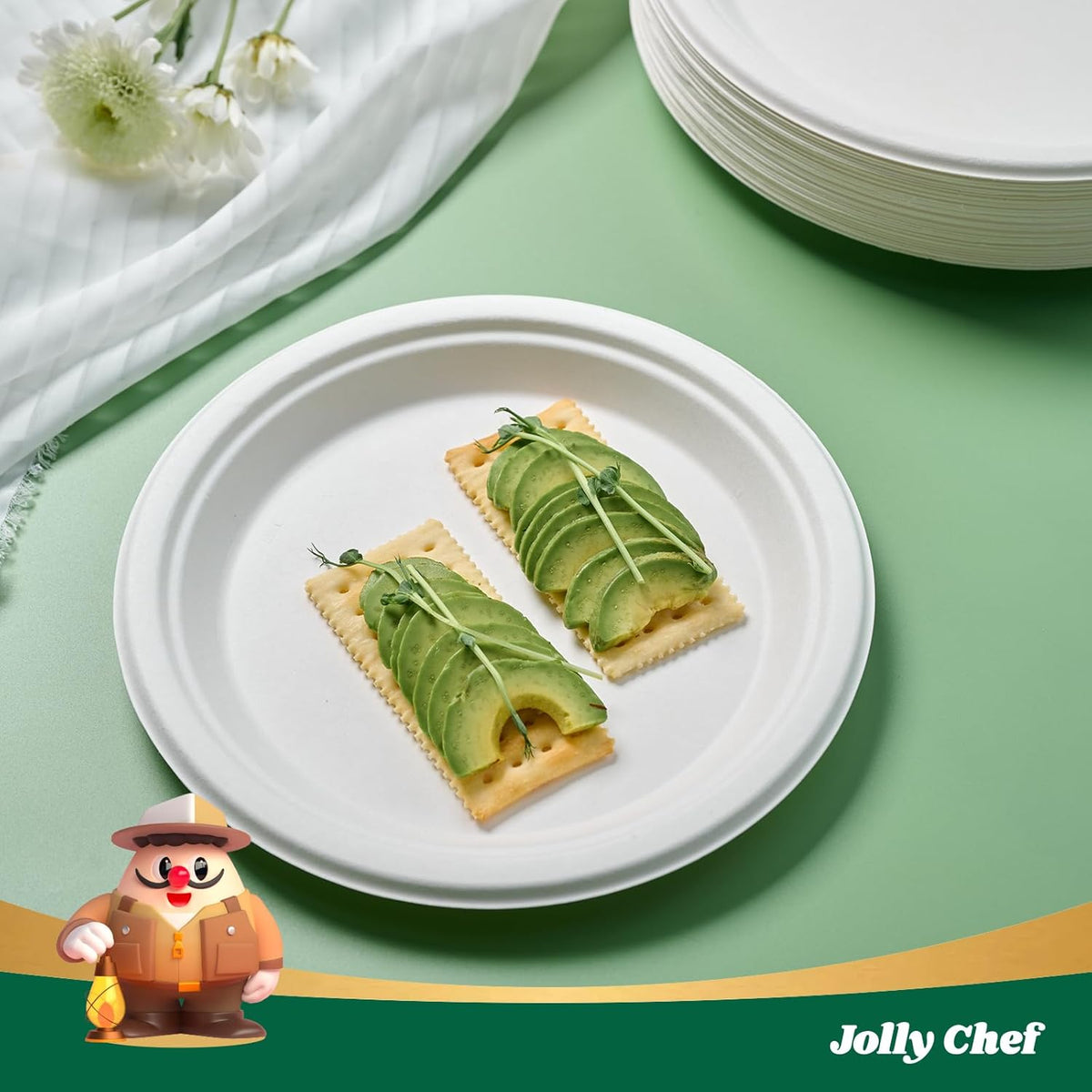 JOLLY CHEF Compostable Heavy Duty Plates 𝟭𝟬 𝗜𝗻𝗰𝗵 [𝟱𝟬𝟬 𝗣𝗮𝗰𝗸] Eco-Friendly Disposable White Paper Plates Made of Bagasse Biodegradable Bulk for Party Dinner Sugarcane Fibers Round 500 Count