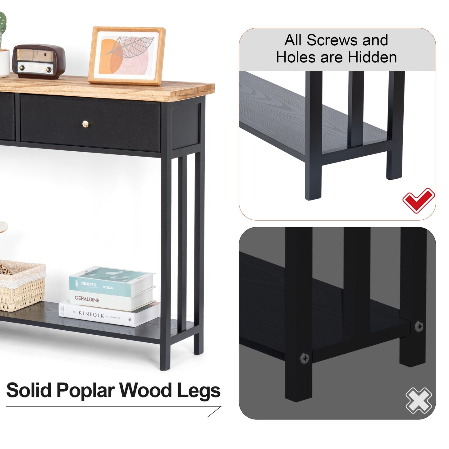 FLYJOE Solid Wood Console Table with 2 Fabric Drawers, 42" Entryway Table with Storage Shelves, Sofa Table for Entryway, Hallway, Living Room, Kitchen or Behind Couch in Foyer, Black