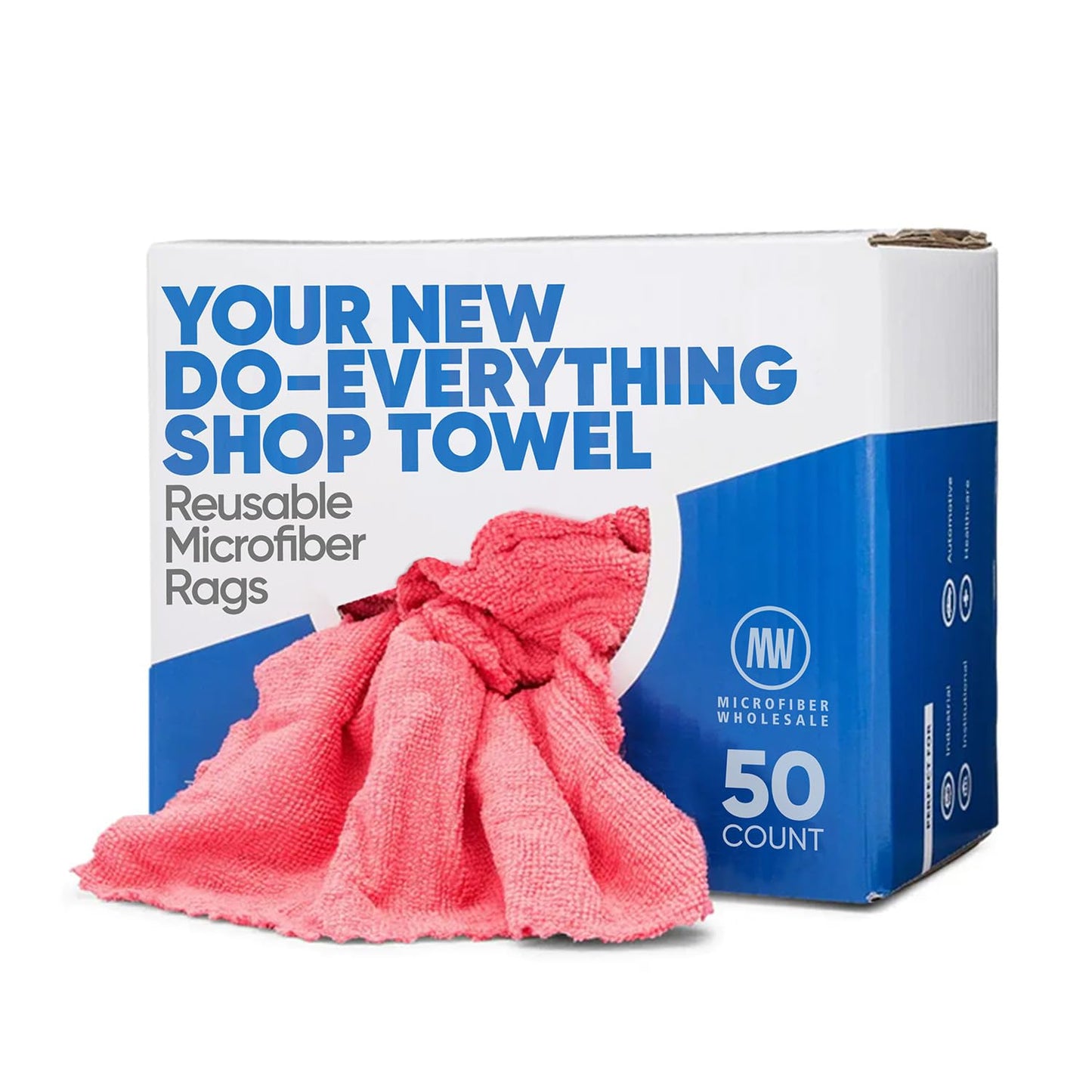 Microfiber Shop Towels | MWipes Reusable Red Shop Rags | 50 Rags in a Box | Super Absorbent, Machine Washable Hundreds of Times | Automotive, Paint, Industrial, Detailing