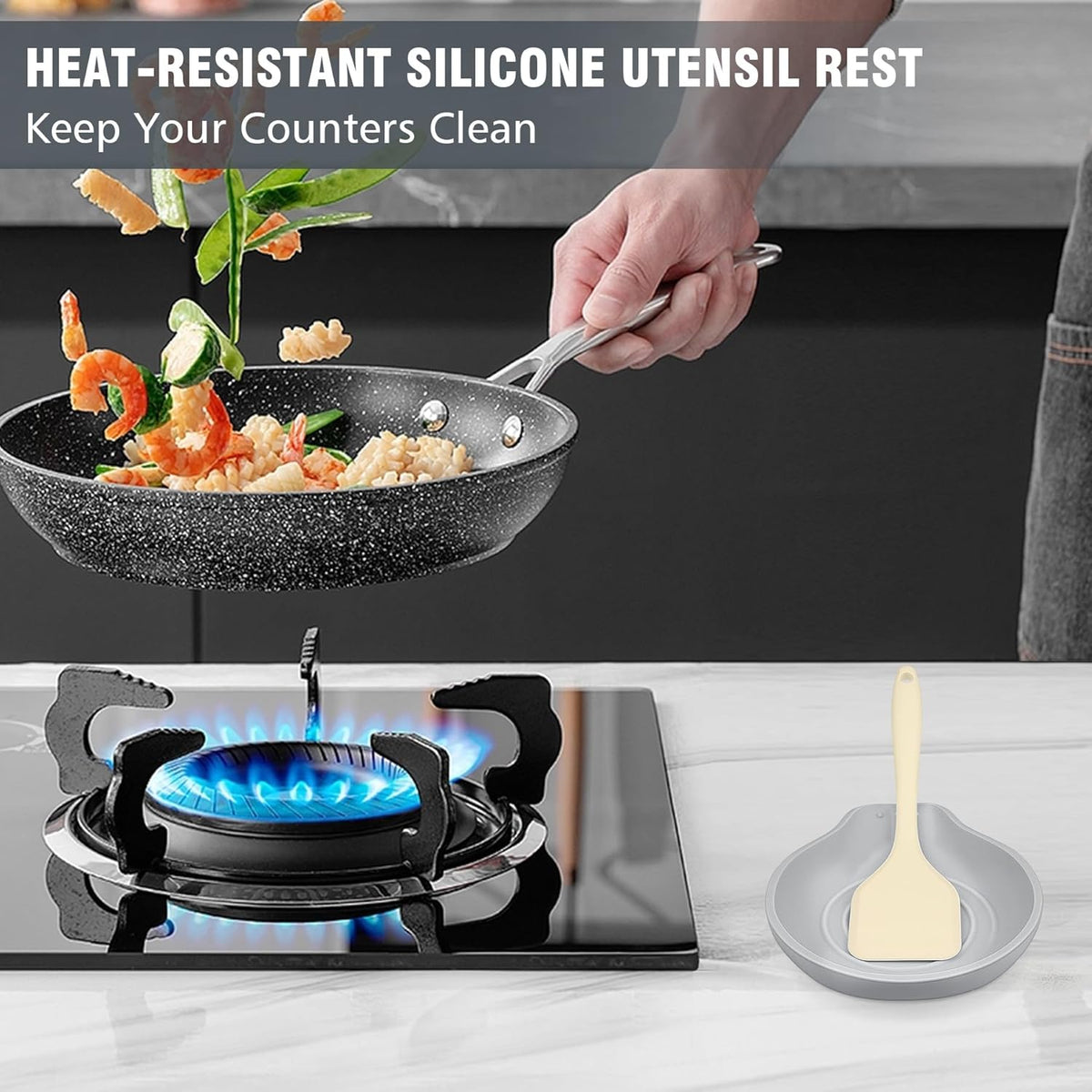 Silicone Spoon Rest for Stove Top - BPA-Free, Heat-Resistant Spoon Holder - Spoon Rest for Kitchen Counter - Large Cooking Utensil Rest for Spoons, Spatulas, Ladles or Tongs - Gray