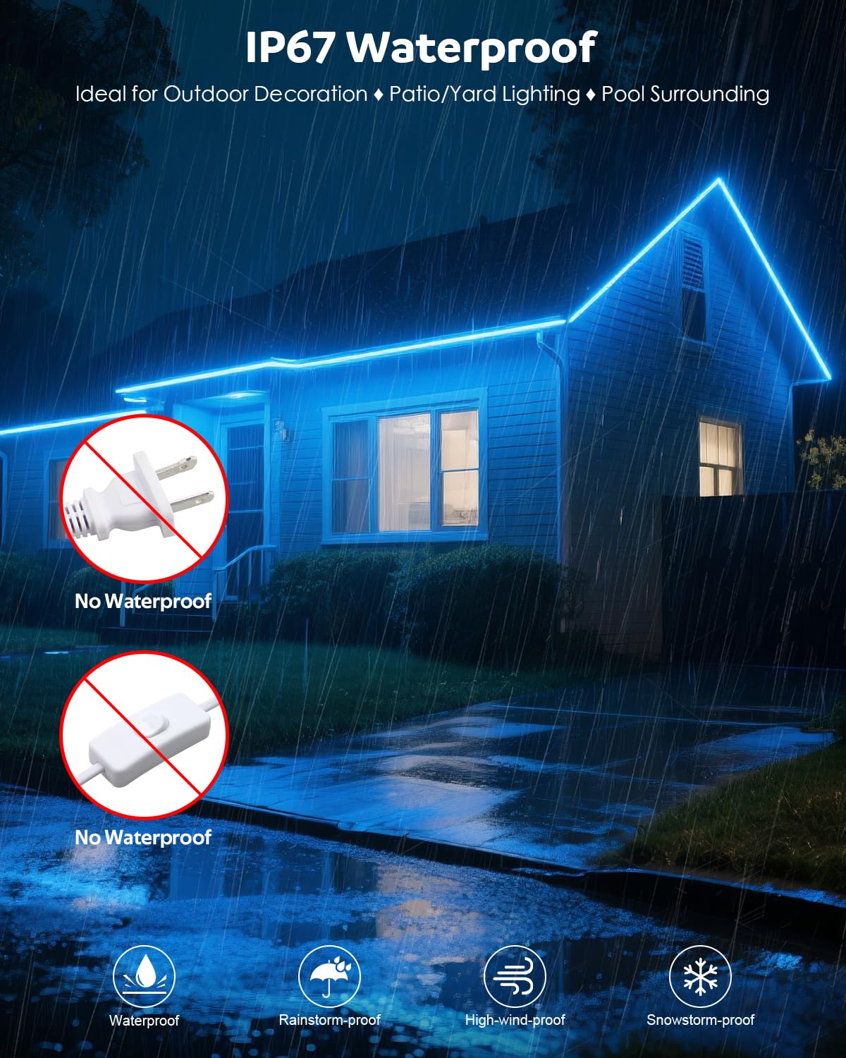 Aclorol COB LED Strip Light 110V 16.4ft/5M Blue LED Strip Lights Outdoor Waterproof IP67 Flexible Rope Lights 288LEDs/M Uniform Glow for Bedroom Hallway Garden Yard Party Christmas Decorations