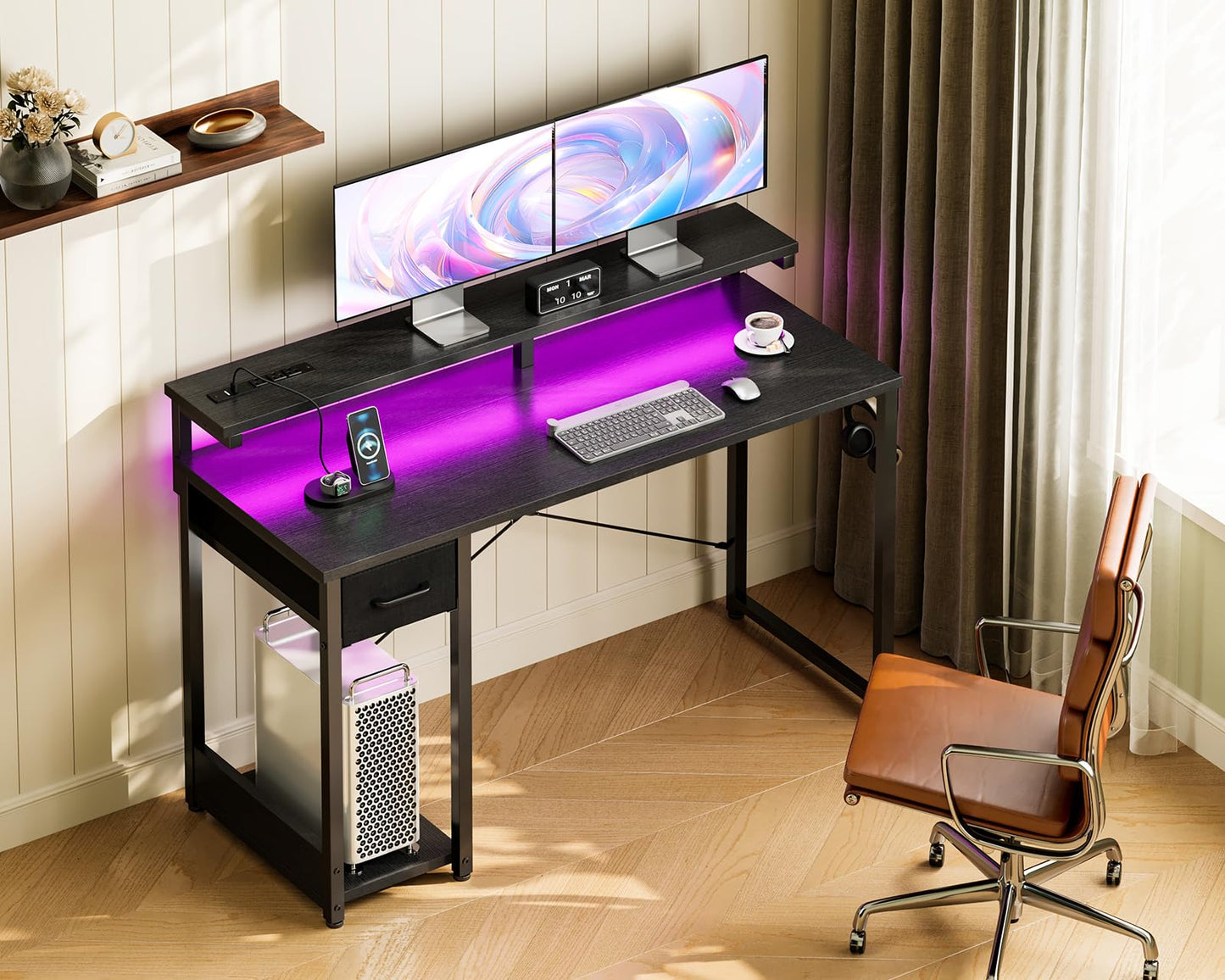 MOTPK Gaming Desk with LED Lights & Power Outlet, 48 Inch Computer Desk with Drawer, Reversible Table with Monitor Shelf & Headphone Hook for Home Office, Black