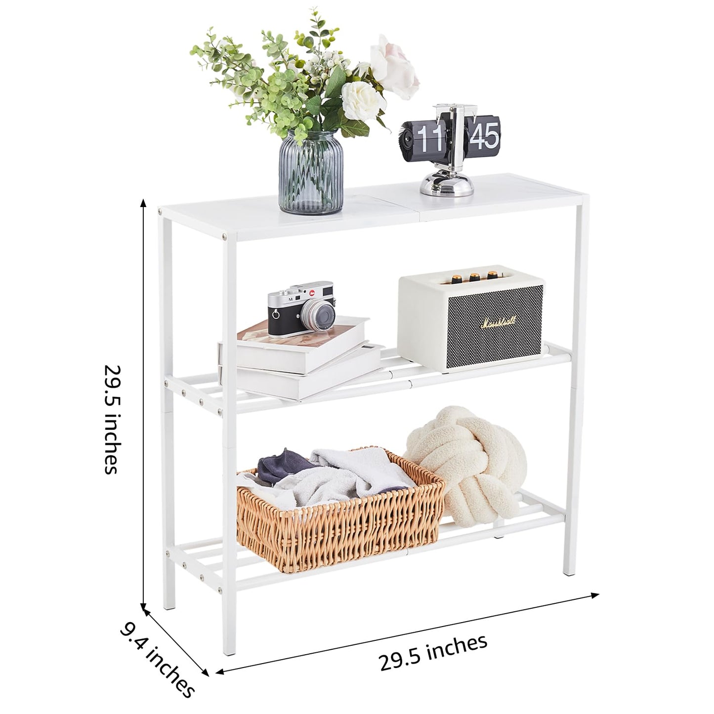 Wimarsbon 29.5" Narrow Console Table - 3-Tier Entryway Table with Shelves, Metal Frame, for Hallway, Living Room, Bedroom (White Frame White)
