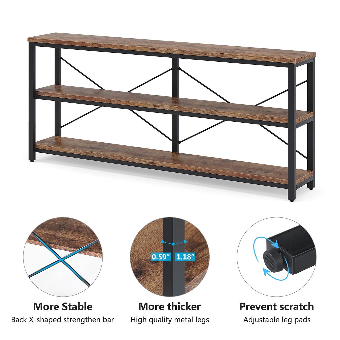 Tribesigns 71" Sofa Tables Extra Long Couch Table, Narrow Long Console Table, Entryway Table,Sofa Table with 3 Tiers Storage Shelves (Rustic Brown)