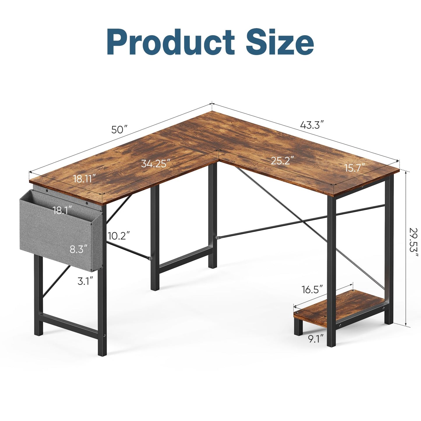 DUMOS L Shaped Desk Computer Gaming Corner Table 50 Inch Home Office Writing Student Work PC Workstation with Side Storage Bag CPU Stand for Bedroom Small Spaces