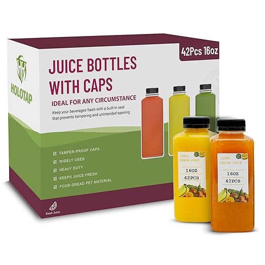 Holotap 42Pcs 16Oz Plastic Juice Bottles with Caps, Empty Plastic Bottles for Juicing,16Oz Juicing Containers with Tamper Evident Caps Ideal for Water and Other Beverages (Black, 16 OZ)