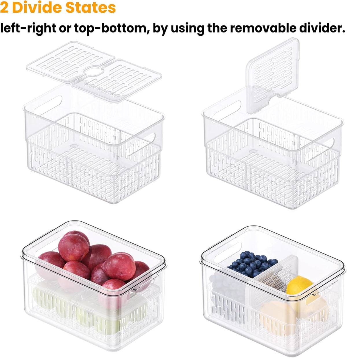 vacane 6 Pack Large Fruit Storage Containers for Fridge with Timing Knob, Produce Saver with Colanders, Lettuce Keeper Vegetable Food Fresh - Dishwasher Safe