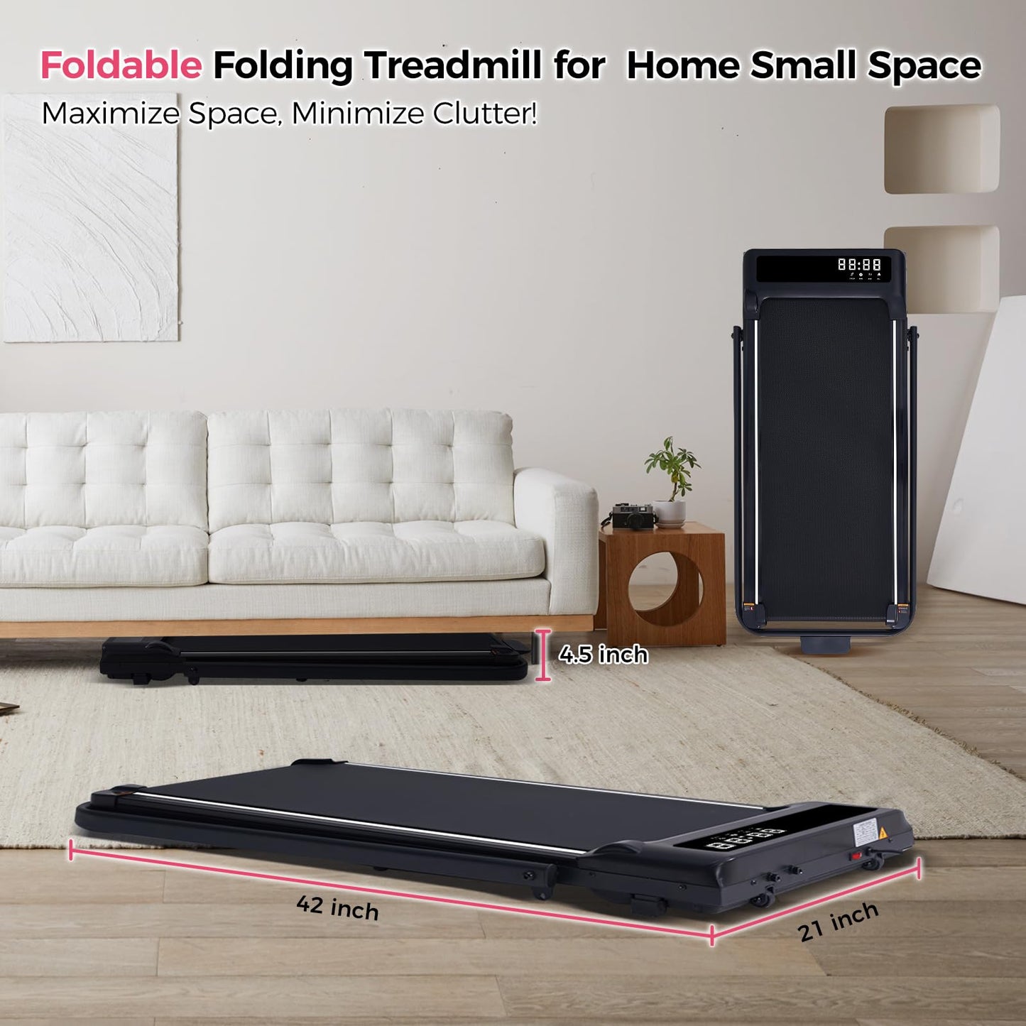 Portable Foldable Treadmills for Home Small with Handles, 3.0HP Small Folding Walking Pad Treadmill with Handle Bar with 320 LBS Capacity, Electric Compact Treadmill Home with LED Display