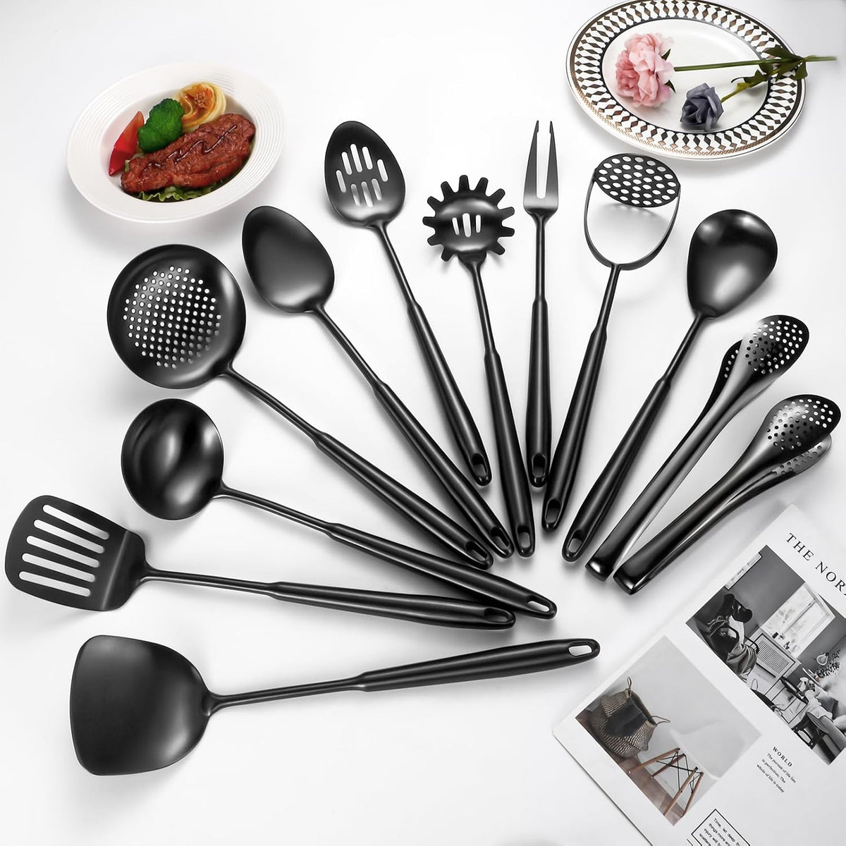 304 Stainlss Steel Matte Kitchen Utensils Set, 12 Pcs Long Metal Cooking Utensil Gadgets Tools Set with Spatula, Ladle, Spoon, Ladle, Skimmer, Tunner, Pasta Server, Tongs(Black, Dishwasher Safe)