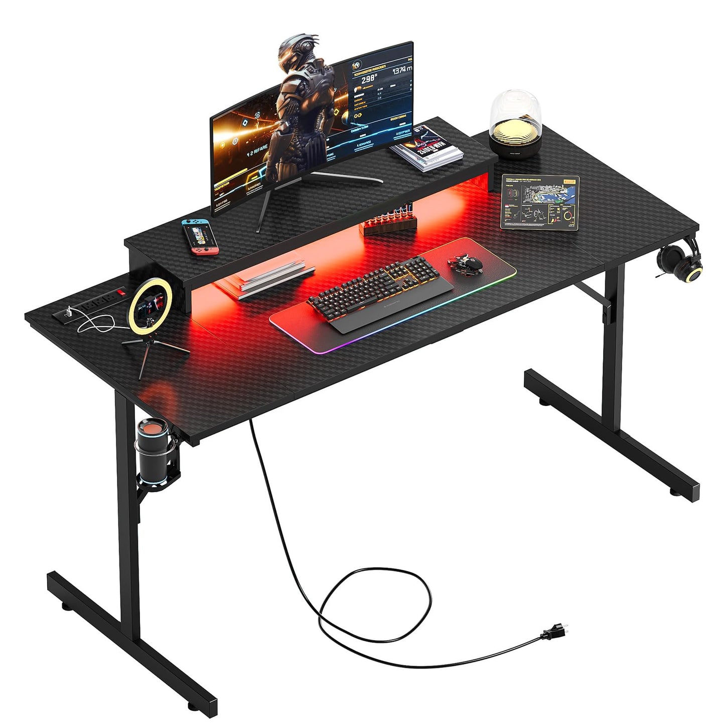 Bestier 52 inch Gaming Desk with LED Lights & Power Outlets, Computer Gaming Table with Float Monitor Stand, Kids Boys Desk with Black Carbon Fiber Texture