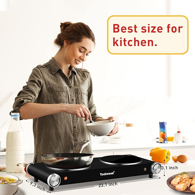 Hot Plate, Techwood 1800W Dual Electric Stove, Countertop Stove Double Burner for Cooking, Infrared Ceramic Hot Plates Double Cooktop, Brushed Stainless Steel Easy to Clean Upgraded Version, Black