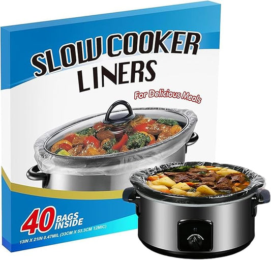 FASOZUKA Slow Cooker Liners 40×Cooking Bags Extra Large Size Disposable Pot Liners, Fit 3QT to 8QT for Slow Cooker Cooking Trays Suitable for Oval & Round Pots 13"x 21", 40 Liners