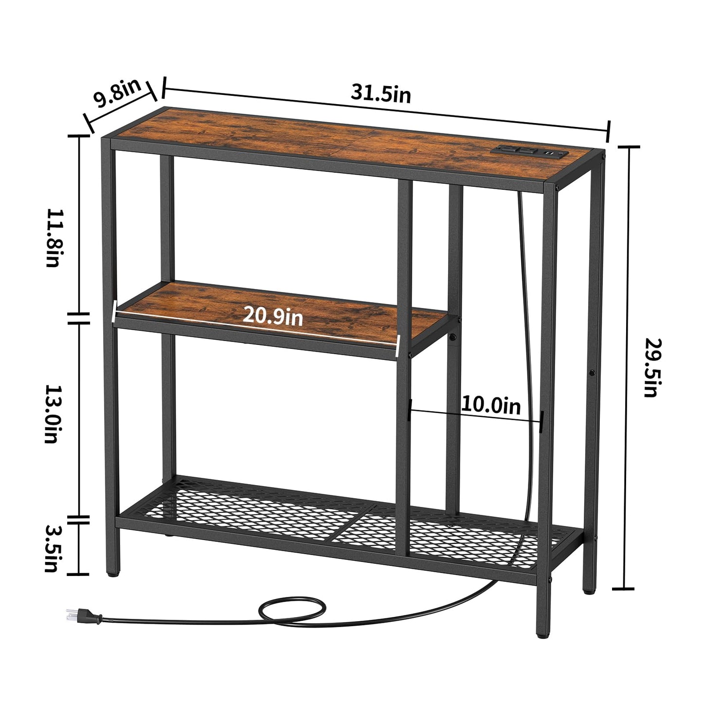 Snughome Console Table with Power Outlets, Entryway Table with Storage, 31.5" L x 9.8" W x 29.5" H Narrow Sofa Table with 3 Tier Shelves, Couch Table with USB Ports, for Hallway Living Room, Entrance