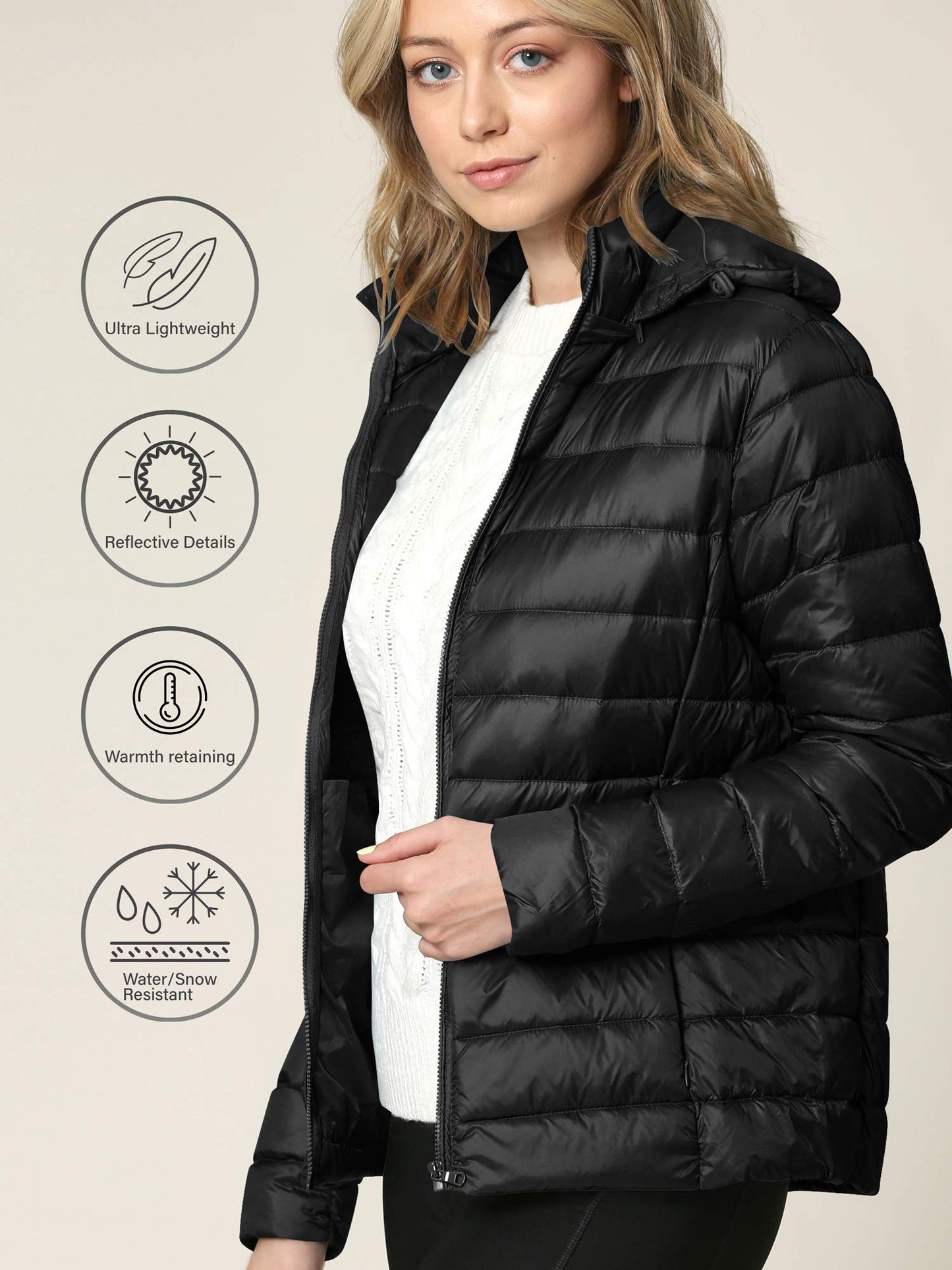 LL WJC2144 Women's Ultra Light Weight Packable Down Jacket with Removable Hoodie L Black