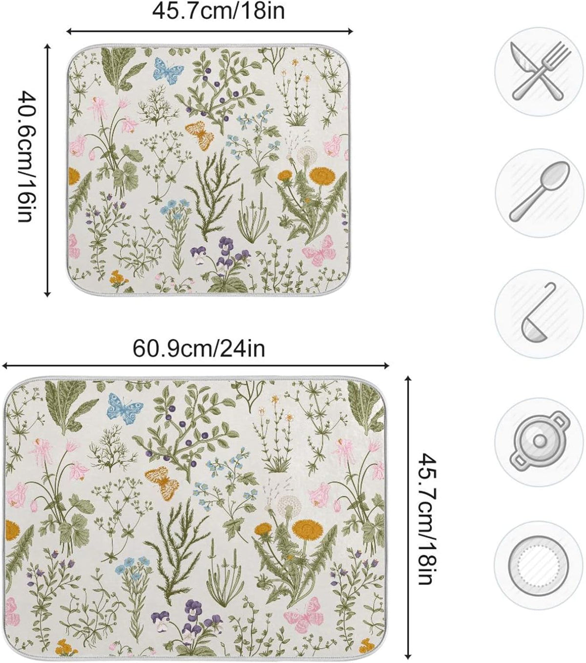 Herbs Flowers Botanical Butterfly Dish Drying Mat for Kitchen Counter Absorbent Microfiber Drying Pad, Medium 16x18 in, Reversible Drainer Mats