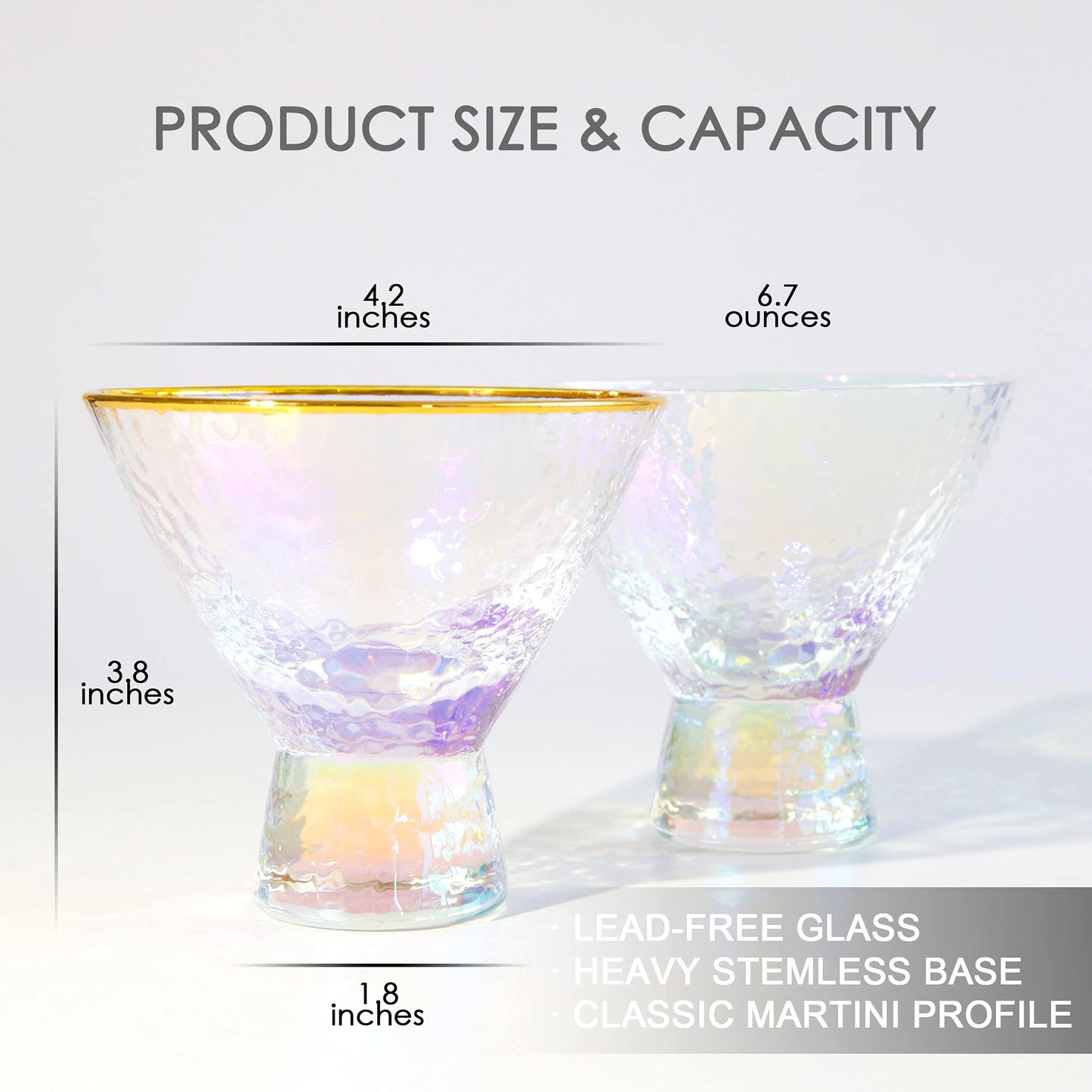 Lysenn Iridescent Stemless Martini Glasses Set of 2 - Premium Hammered Cocktail Glasses for Weddings, Anniversary, Christmas, Party - 7.7oz Gold Rim