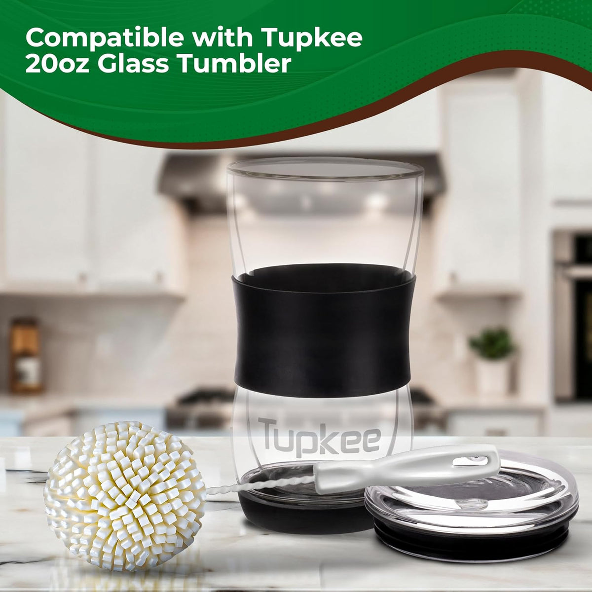 Tupkee Wine Glass Cleaning Brush – Soft Non-Scratch Foam Bristles – Goblet & Stemware Wine Glass Cleaner Brush for Glassware, Crystal, Bottle, & Mugs – Fits Tupkee 20oz Glass Tumbler – Made in the USA
