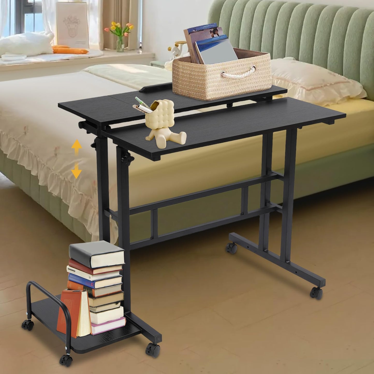 JOMCYDM Height Adjustable Mobile Laptop Desk Standing Desk with Wheels Portable Computer Table Rolling Working Station with Storage Shelves for Home Office Small Space
