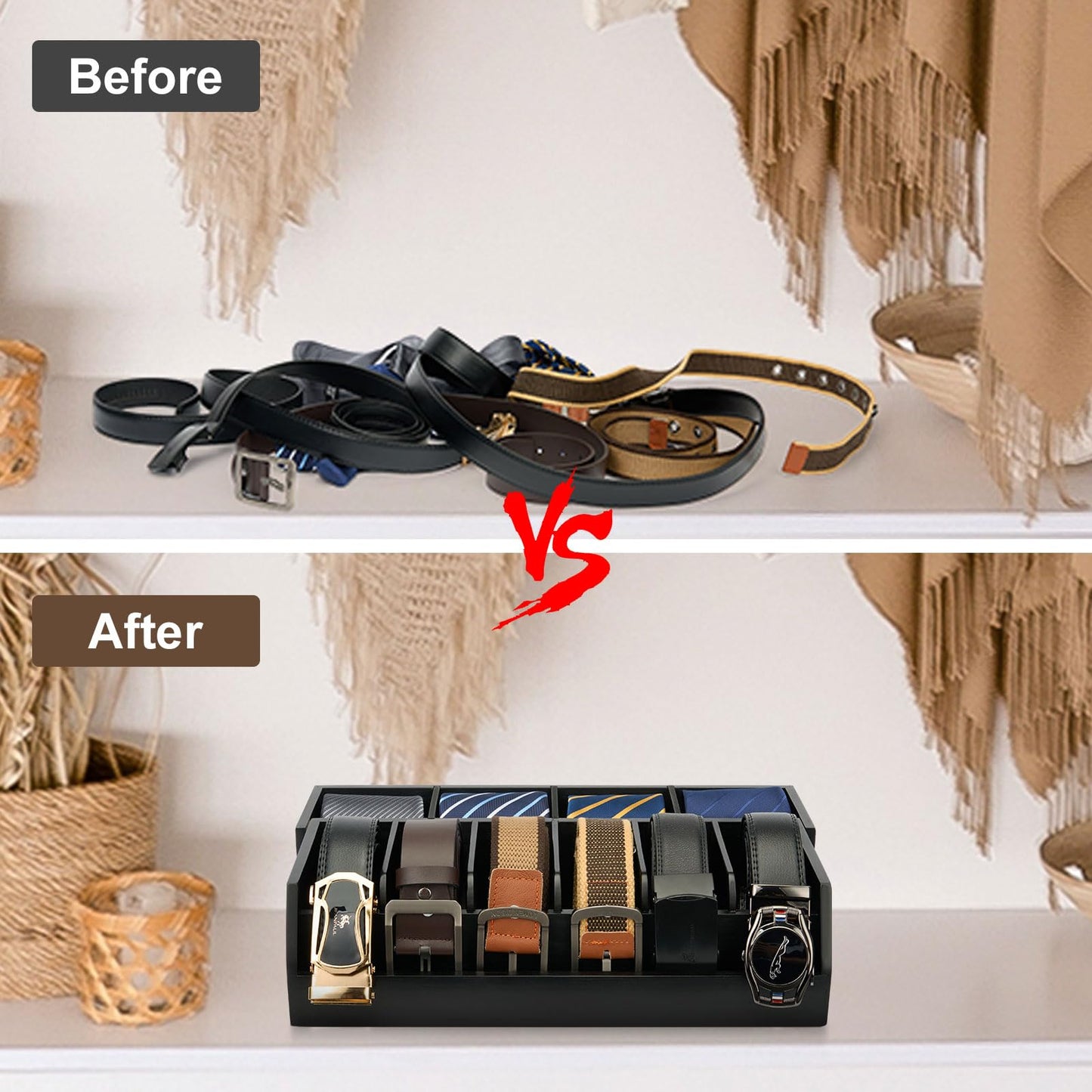 Ikkle Wooden Belt Organizer Box, 10 Compartment Belt & Tie Storage, Closet & Drawer Display Case, Large Holder (Black)