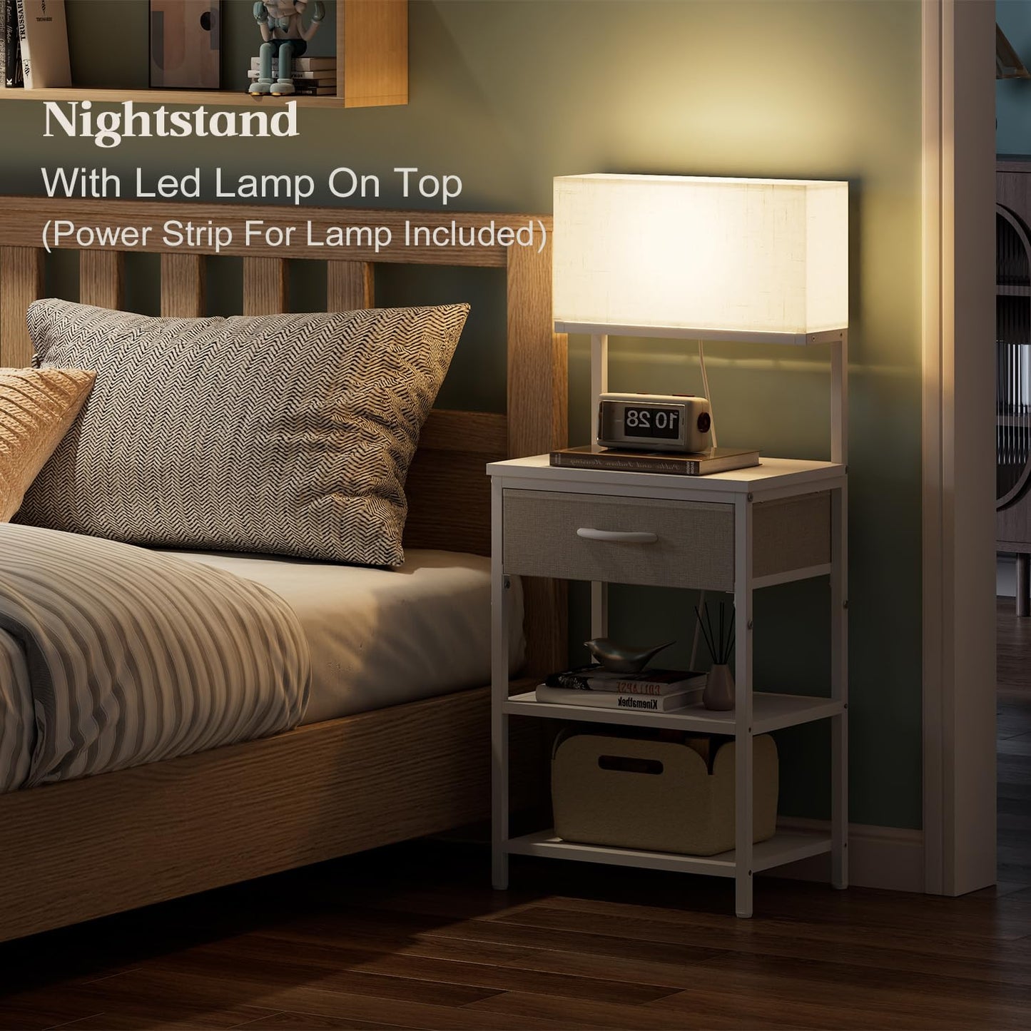 White Night Stand With Led Lamp, Small Nightstand With Drawer For small spaces, Small Bedside Table With Storage Shelves For Bedroom, Bed Side Table With Adjustable Feet, Metal Wood Structure, Sturdy