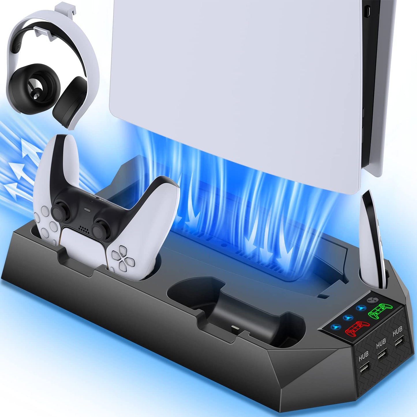 PS5/PS5 Slim/PS5 Pro Stand and Cooling Station with Dual Controller Charging Station for PlayStation 5 Console, PS5 Accessories Incl. Controller Charger, Cooling Fan, Headset Holder, 3 USB Hub, White