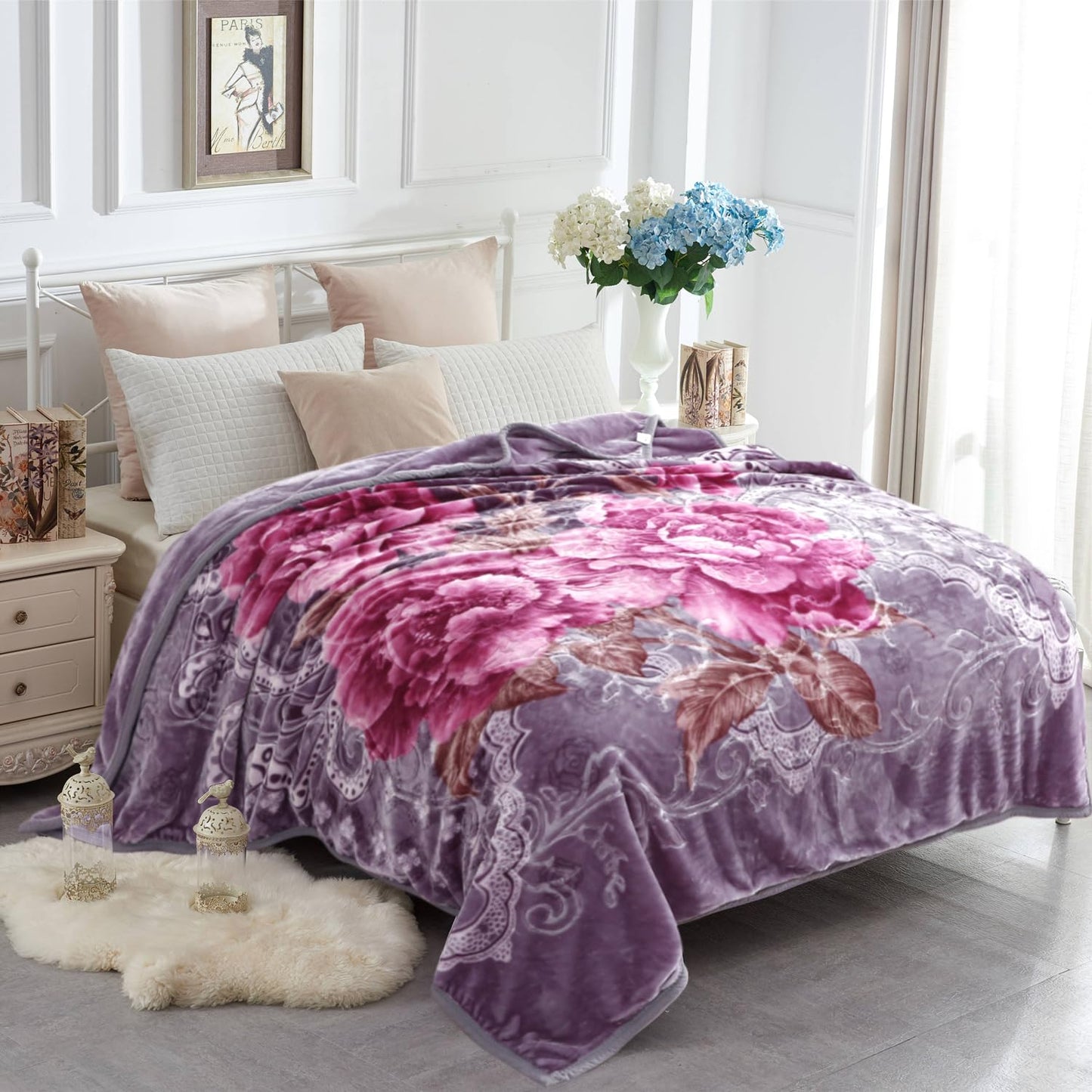 JYK Korean Faux Mink Fleece Blanket 83" X 91", 5.7 LB - 2 Ply Reversible Soft Warm Plush Flannel Blanket (Peony/Peony, King)