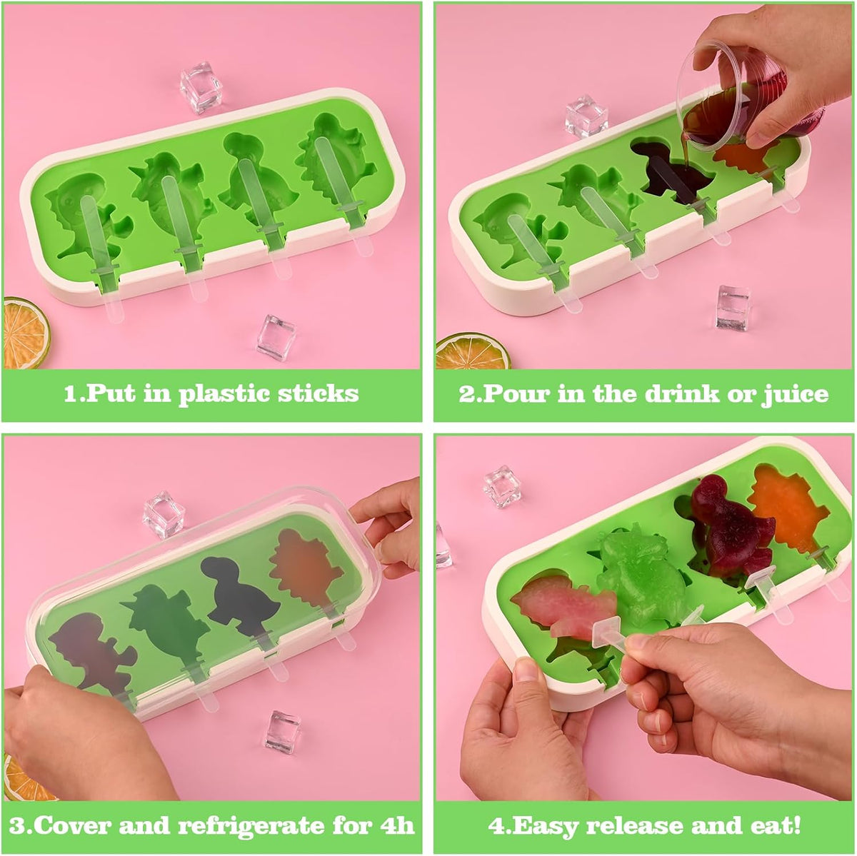 Sakolla 2 Pack Silicone Popsicle Molds with Sticks & Lid, 4-Cavity Mini Popsicle Molds for Kids - Cars, Ships, Train, Rocket and Dino Shapes (Green & Blue)