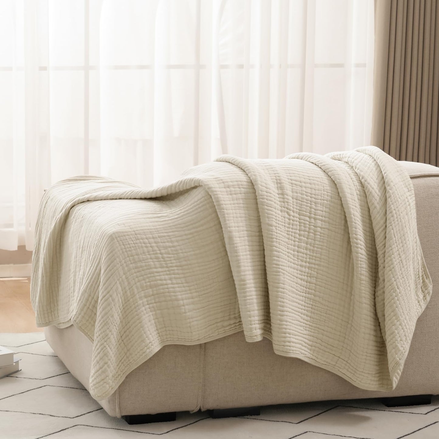 PHF Cooling Muslin Blanket Queen Size 90"x80", 6-Layer Lightweight Gauze Blanket Made from 35% Rayon Derived from Bamboo & 65% Cotton, Breathable & Ultra Soft Cozy, Aesthetic Home Decor, French Oak