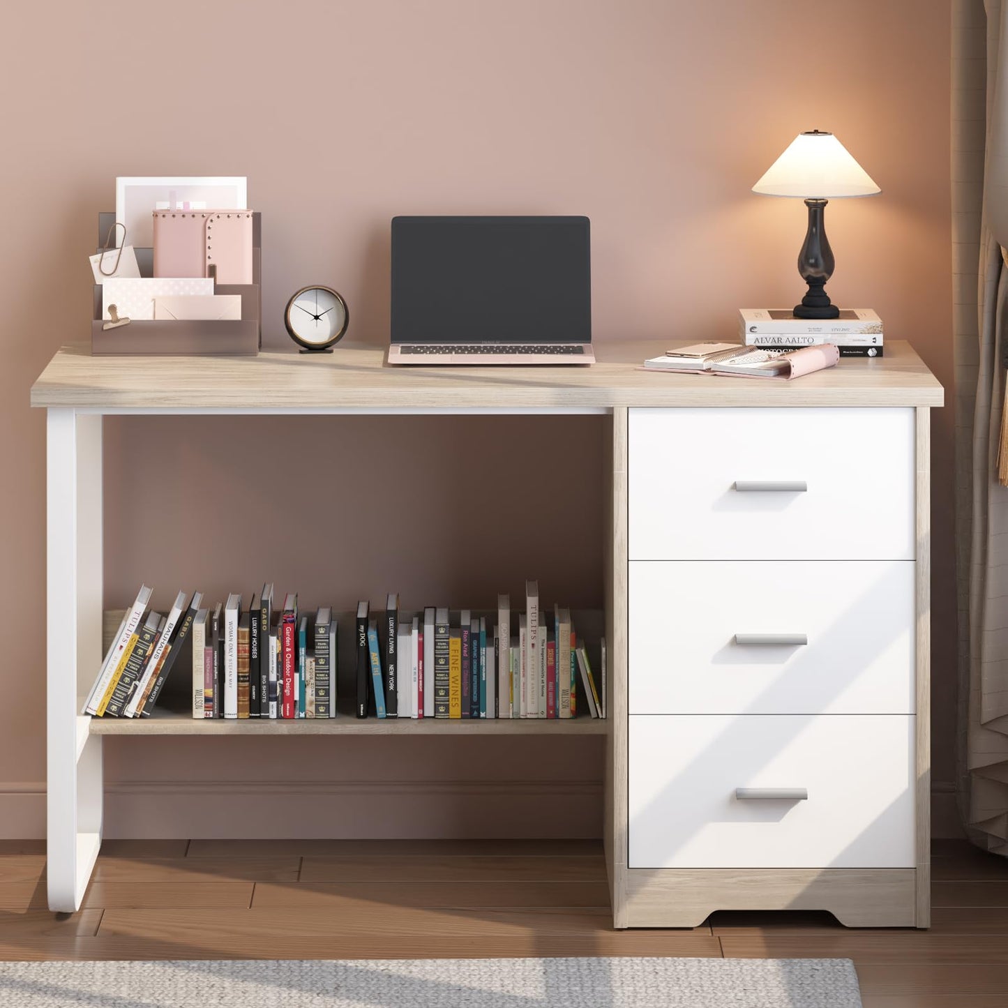 MaverickFurni Small Desk with 3 Drawers, 47 Inch Computer Desk with Drawers & Storage File Cabinet for Small Spaces, Home Office Desk for Bedroom, Bottom Shelves, White and Walnut