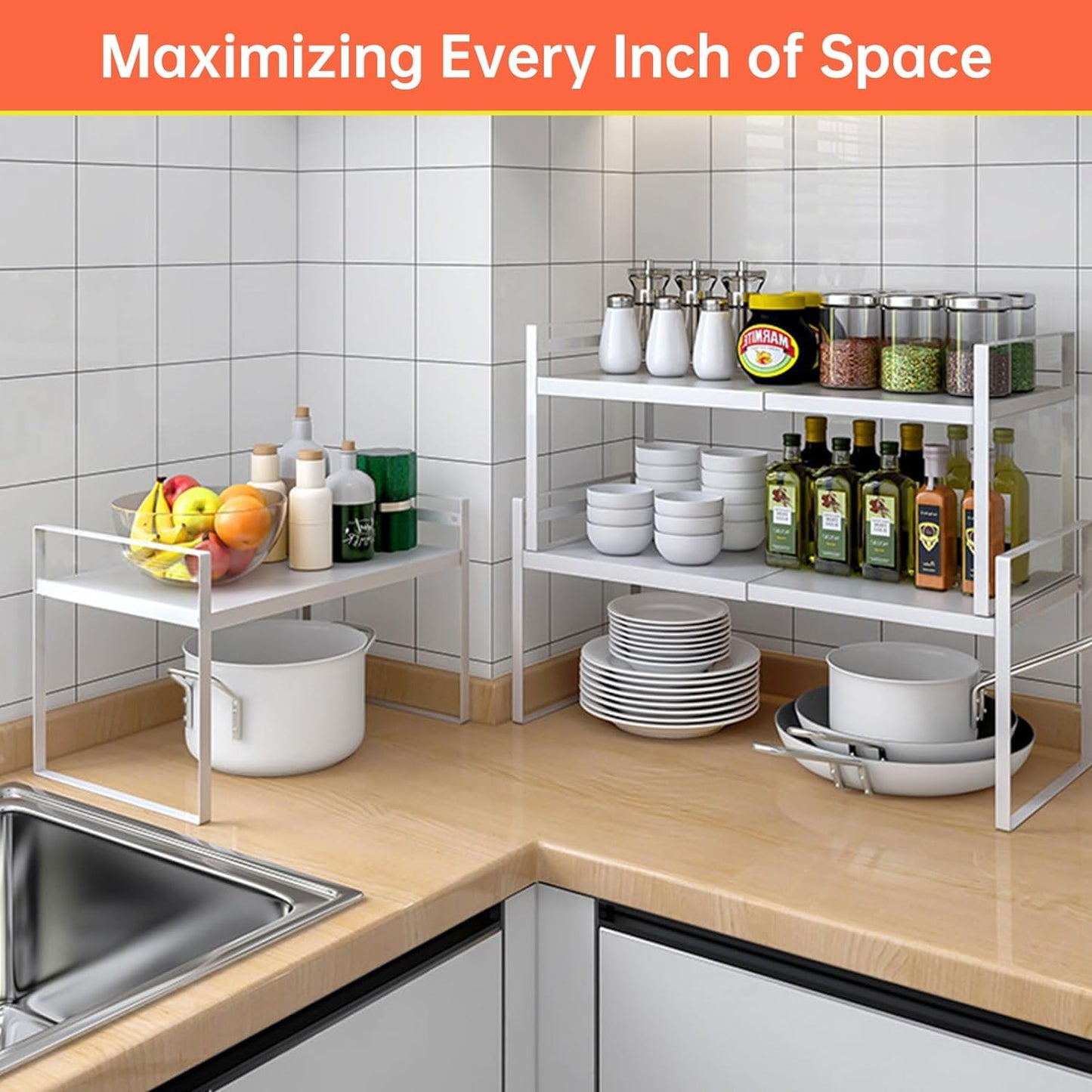 Expandable Cabinet Shelf Organizer Rack 9 inch, Pantry Organizer Lengthen from 14” to 25” ， Large Kitchen Cabinet Storage Shelf Rack， Storage Organizer white，Spice Rack Expandable Shelves,