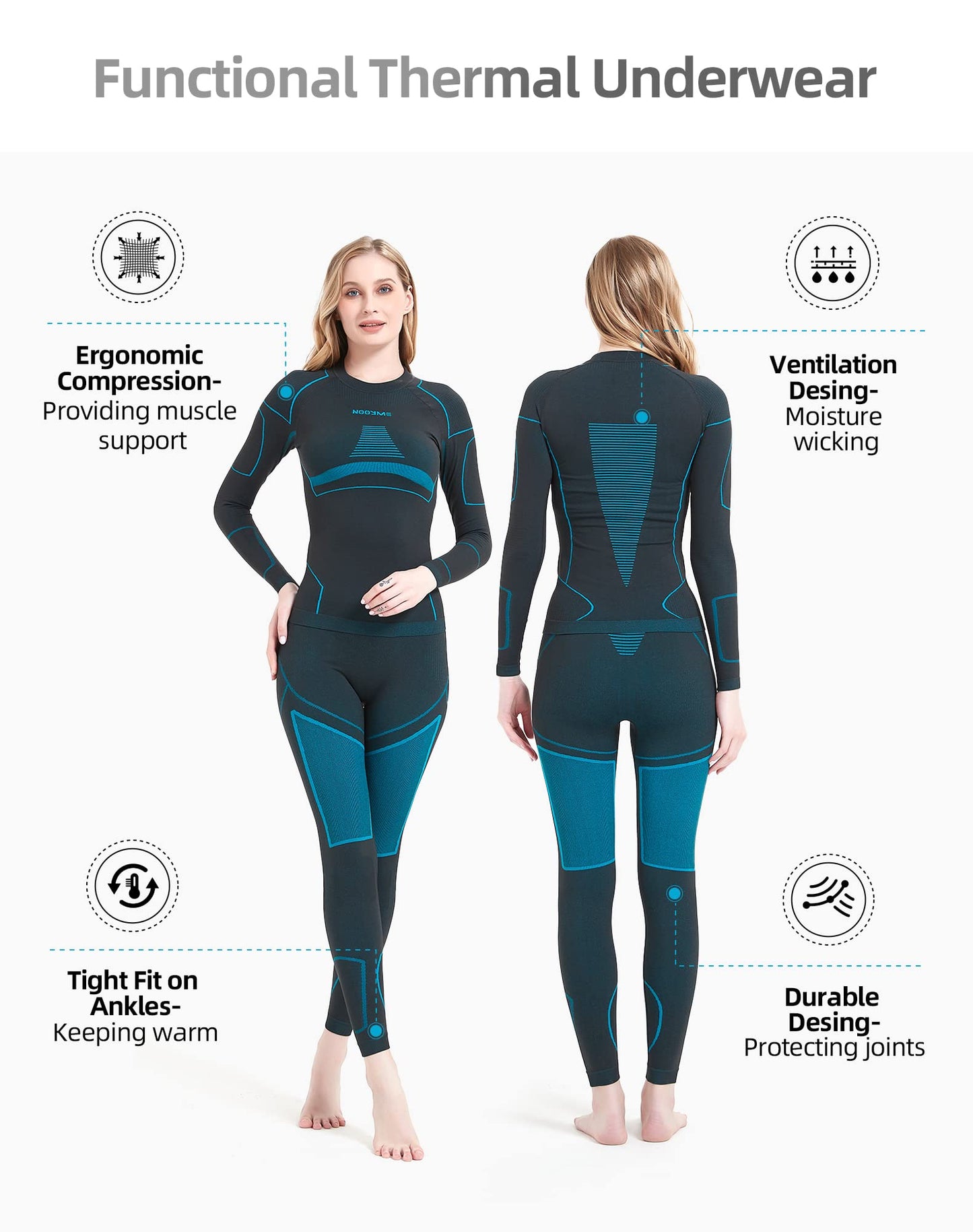 NOOYME Thermal Long Johns, Base Layer Women's Thermal Underwear in Black-Blue