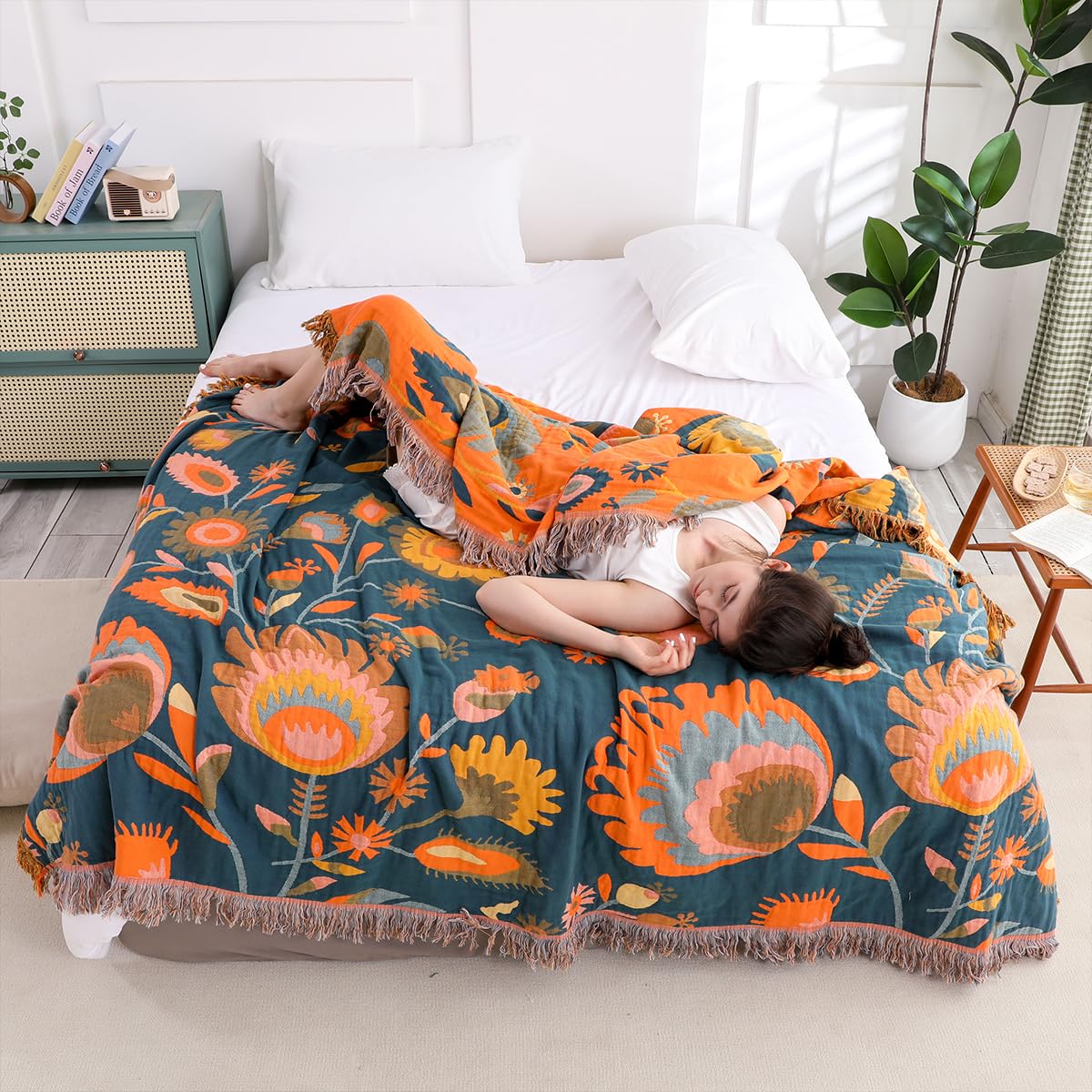 Hopstar Boho Throw Blanket for Bed - 100% Cotton Printed Farmhouse Decor Large Bed Blankets (Floral C, 60"×80")