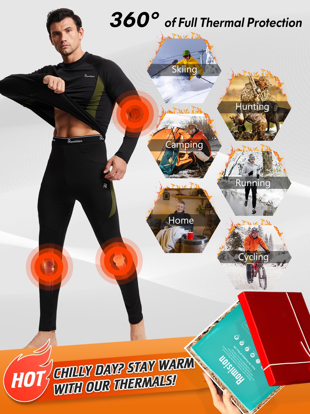 romision Long Johns for Men Thermal Underwear Set Winter Hunting Gear Sport Bottom Top Base Layer for Cold Weather A-Black