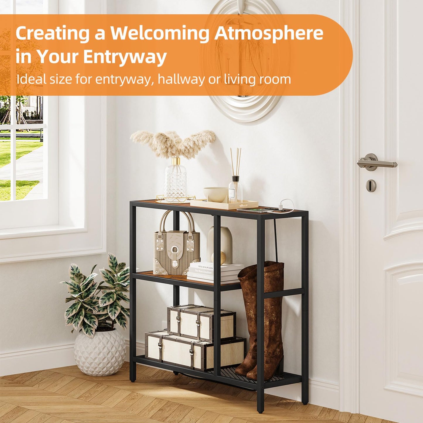 Snughome Console Table with Power Outlets, Entryway Table with Storage, 31.5" L x 9.8" W x 29.5" H Narrow Sofa Table with 3 Tier Shelves, Couch Table with USB Ports, for Hallway Living Room, Entrance
