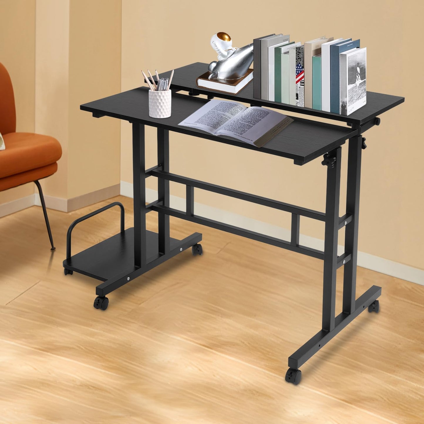 JOMCYDM Height Adjustable Mobile Laptop Desk Standing Desk with Wheels Portable Computer Table Rolling Working Station with Storage Shelves for Home Office Small Space