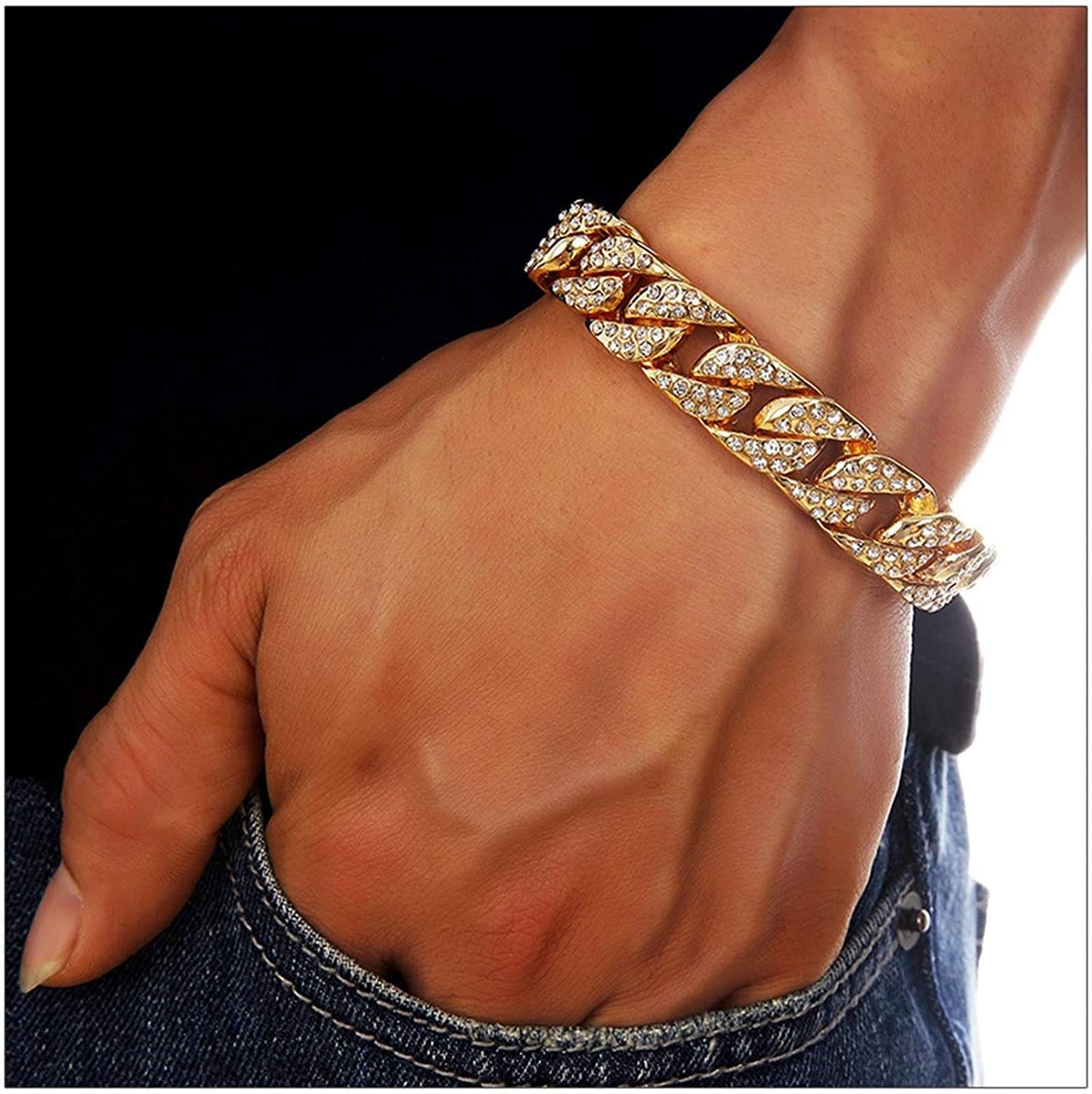 Charles Raymond Bling-ed Out Silver Round Luxury Mens Watch w/Bling-ed Out Cuban Bracelet - L0504B - Cuban (Gold)