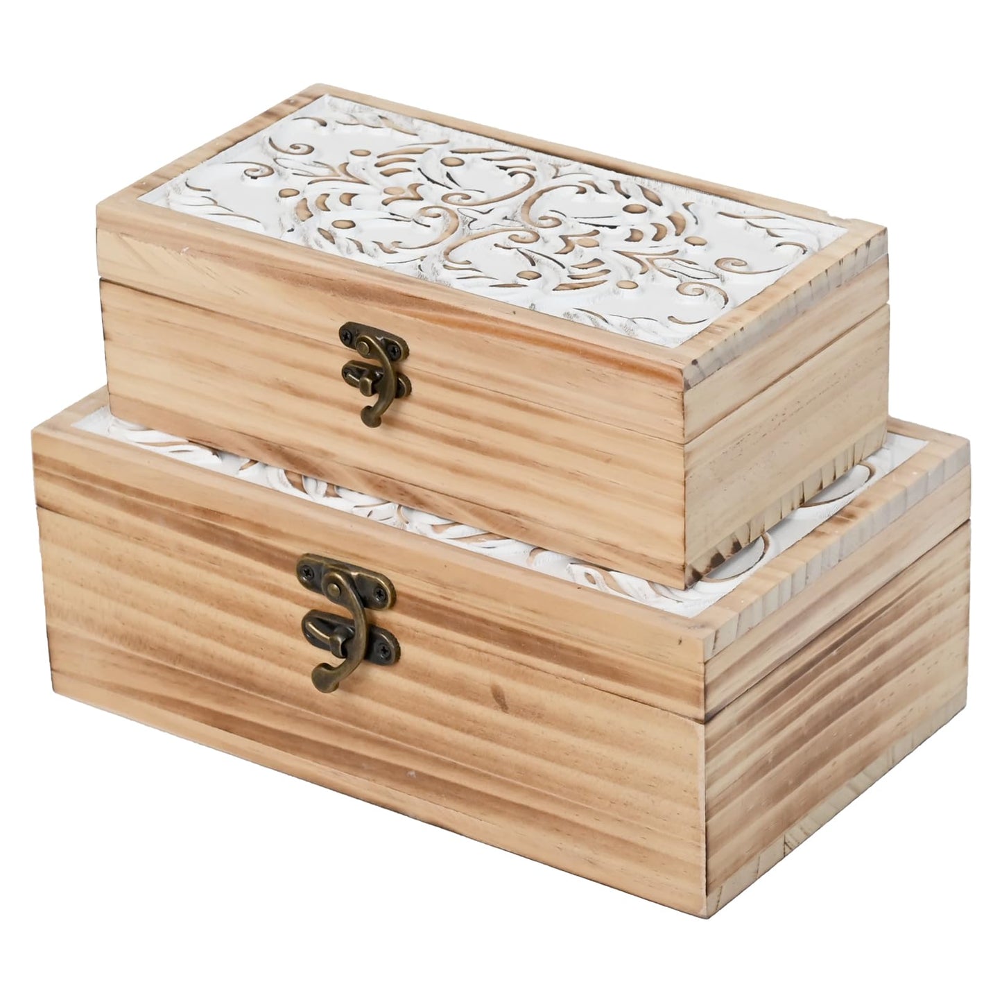 DECOR4SEASON Wooden Box Set of 2 - Rustic Farmhouse Decorative Boxes with Hinged Lid and Carved Design