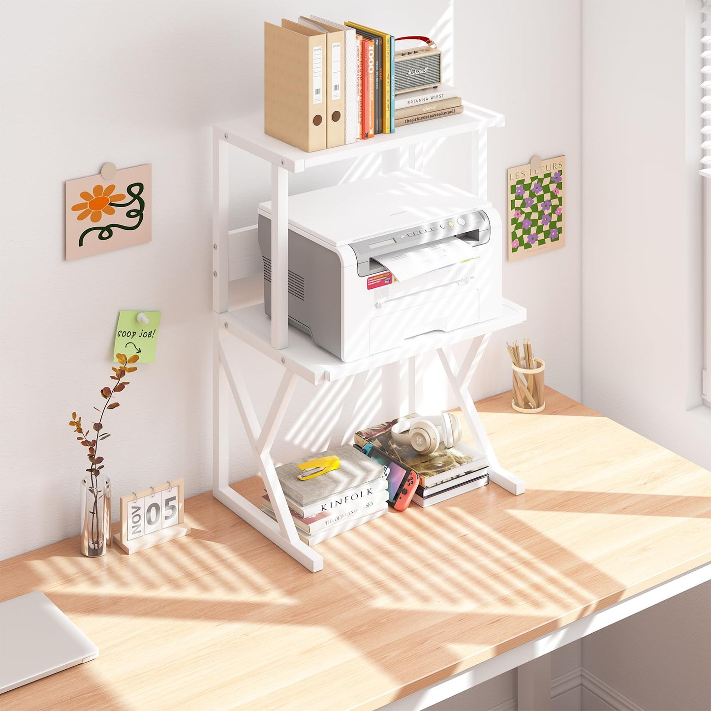 aboxoo Desktop Printer Stand with 3 Tier Wood Storage Shelves,Under Desk Printer Table,Multi-Purpose Home Office Desk Organizer for Fax Machine, Scanner (White)